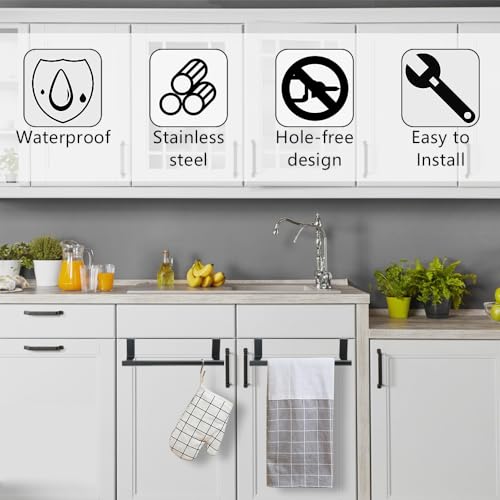 2PCS Cabinet Door Towel Bar, 9 Inch Long Dishwashing Towel Rack, Stainless Steel Towel Holder, Over The Door Hand Towel Hanger for Kitchen Bathroom Cupboard (Black)