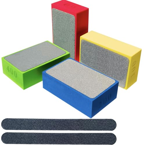 4 Pack Diamond Hand Polishing Pads Sharp Grinding Polishing Pad - Sanding Block Foam Backing 60/100/200/400 Grit for Ceramic Tile Glass Stone Metal with 2 PCS Polishing Sticks Sanding Sticks Wet & Dry