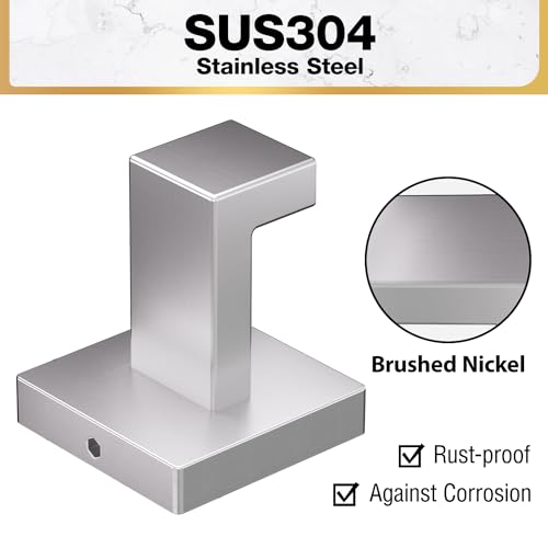 HITSLAM Towel Hooks for Bathroom Wall Mounted, Brushed Nickel Bathroom Towel Hook, SUS304 Stainless Steel Robe Hook and Coat Hooks, Square Wall Hooks for Hanging, Hand Towel Holder, 2 Pack