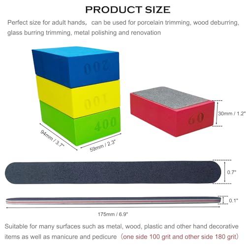 4 Pack Diamond Hand Polishing Pads Sharp Grinding Polishing Pad - Sanding Block Foam Backing 60/100/200/400 Grit for Ceramic Tile Glass Stone Metal with 2 PCS Polishing Sticks Sanding Sticks Wet & Dry