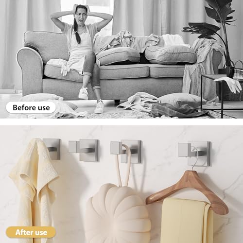 HITSLAM Towel Hooks for Bathroom Wall Mounted, Brushed Nickel Bathroom Towel Hook, SUS304 Stainless Steel Robe Hook and Coat Hooks, Square Wall Hooks for Hanging, Hand Towel Holder, 2 Pack