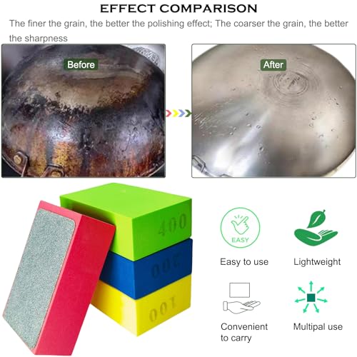 4 Pack Diamond Hand Polishing Pads Sharp Grinding Polishing Pad - Sanding Block Foam Backing 60/100/200/400 Grit for Ceramic Tile Glass Stone Metal with 2 PCS Polishing Sticks Sanding Sticks Wet & Dry