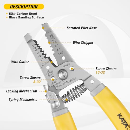 KATA 7 Inch Wire Stripper Wire Cutter, Cutting for 10-18 AWG Solid Wire and 12-20 AWG Stranded Wire, Wire Stripping Crimper Plier Multi-function Hand Tool for Electrican, Yellow