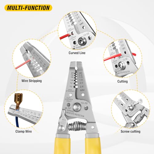 KATA 7 Inch Wire Stripper Wire Cutter, Cutting for 10-18 AWG Solid Wire and 12-20 AWG Stranded Wire, Wire Stripping Crimper Plier Multi-function Hand Tool for Electrican, Yellow