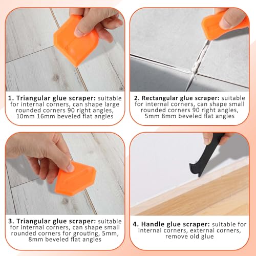 Gjinxi Caulk Tool Set 4 Pcs Sealant Silicone Finishing Kits 3 in 1 Scraper Multifunction Hand Tools Orange Grout Caulk Remover Applicator for Kitchen Bathroom Floor Sealant Sealing