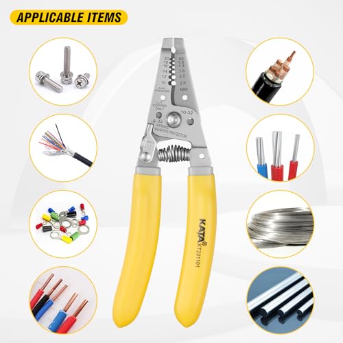 KATA 7 Inch Wire Stripper Wire Cutter, Cutting for 10-18 AWG Solid Wire and 12-20 AWG Stranded Wire, Wire Stripping Crimper Plier Multi-function Hand Tool for Electrican, Yellow