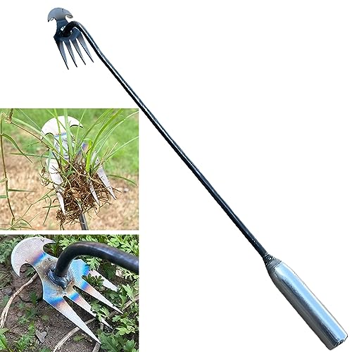 Jvoiyae New Weeding Artifact Uprooting Weeding Tool, 16 Inch Premium Steel Weed Puller 4 Teeth Dual Purpose Hand Weeder Tool, Weeding Pulling Tool for Gardening with Long Handle