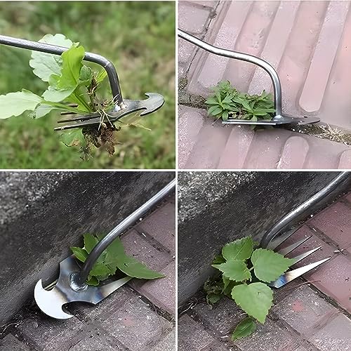 Jvoiyae New Weeding Artifact Uprooting Weeding Tool, 16 Inch Premium Steel Weed Puller 4 Teeth Dual Purpose Hand Weeder Tool, Weeding Pulling Tool for Gardening with Long Handle