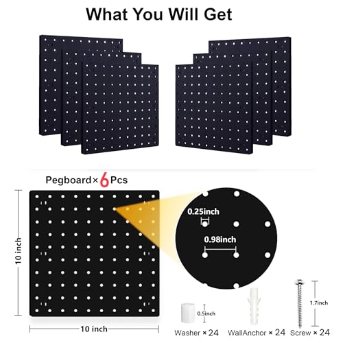 Black Pegboard Wall Organizer Panels - 6 Pieces