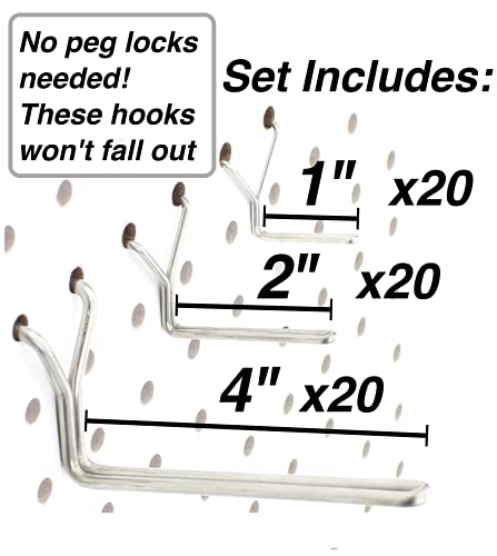 60-Pack Zinc Plated Pegboard Hooks - Assorted Sizes