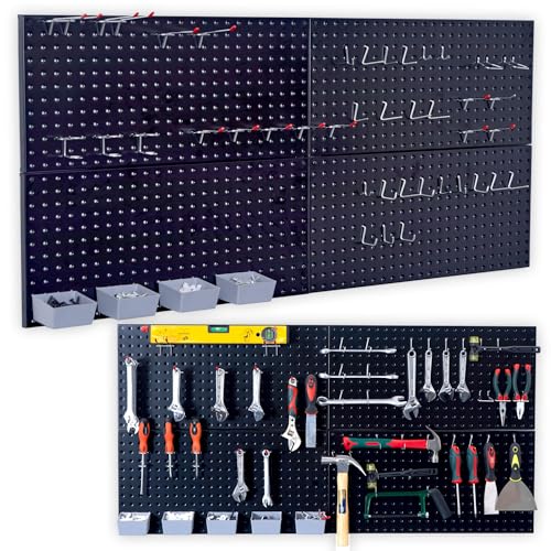Wallmaster Pegboard Organizer Garage Storage - 48pcs Pegboard Hooks Set, Pegboard Tool Organizer with 48x24 Inch Steel Peg Board & 4 Storage Bins（Black）