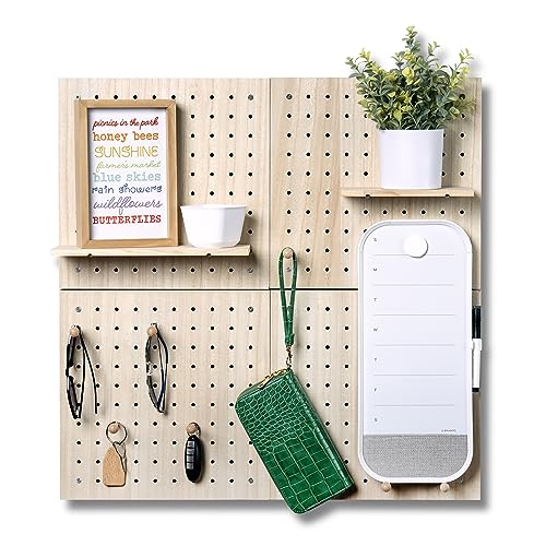 IneVibe Pegboards for Wall Display - 4 Piece Wooden Organizer & Holder for Craft Accessories, Nerf Guns, Jewelry, Games for Use in Kitchen, Garage, Office - 16 Pegs, 2 Shelves & Bag, 26x26 (Natural)