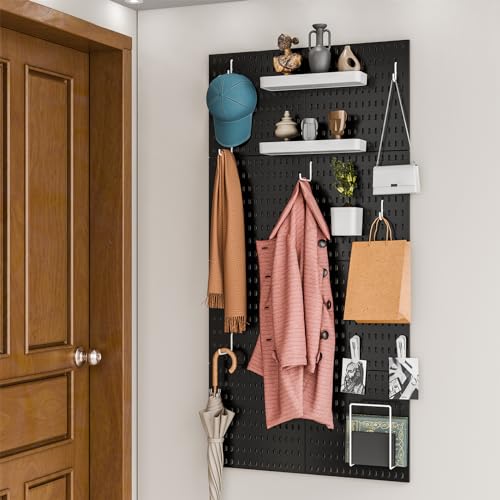 RIVTUN Pegboard Combination Kit for Wall Organizer, Wall Mounted Peg Board Kits for Kitchen, Bedroom, Office, &Bathroom, 4 Pieces Black Pegboards and 14 Accessories, 22" x 22"