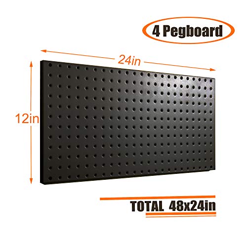 Wallmaster Pegboard Organizer Garage Storage - 48pcs Pegboard Hooks Set, Pegboard Tool Organizer with 48x24 Inch Steel Peg Board & 4 Storage Bins（Black）