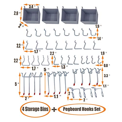 Wallmaster Pegboard Organizer Garage Storage - 48pcs Pegboard Hooks Set, Pegboard Tool Organizer with 48x24 Inch Steel Peg Board & 4 Storage Bins（Black）