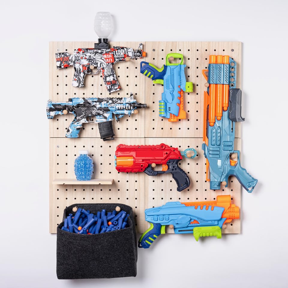 IneVibe Pegboards for Wall Display - 4 Piece Wooden Organizer & Holder for Craft Accessories, Nerf Guns, Jewelry, Games for Use in Kitchen, Garage, Office - 16 Pegs, 2 Shelves & Bag, 26x26 (Natural)