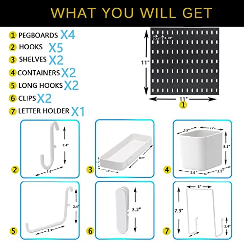 RIVTUN Pegboard Combination Kit for Wall Organizer, Wall Mounted Peg Board Kits for Kitchen, Bedroom, Office, &Bathroom, 4 Pieces Black Pegboards and 14 Accessories, 22" x 22"