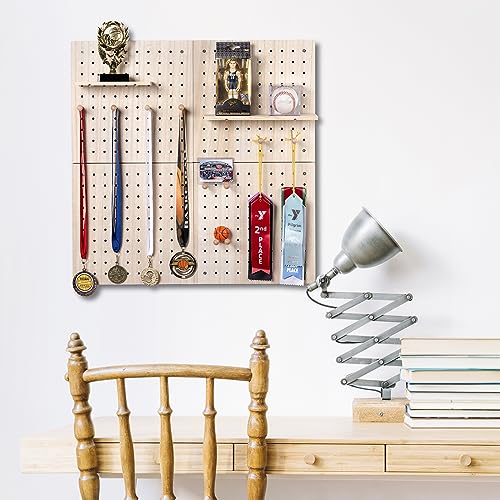 IneVibe Pegboards for Wall Display - 4 Piece Wooden Organizer & Holder for Craft Accessories, Nerf Guns, Jewelry, Games for Use in Kitchen, Garage, Office - 16 Pegs, 2 Shelves & Bag, 26x26 (Natural)