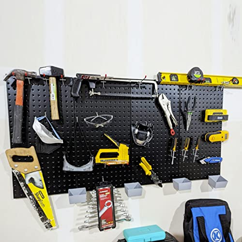 Wallmaster Pegboard Organizer Garage Storage - 48pcs Pegboard Hooks Set, Pegboard Tool Organizer with 48x24 Inch Steel Peg Board & 4 Storage Bins（Black）