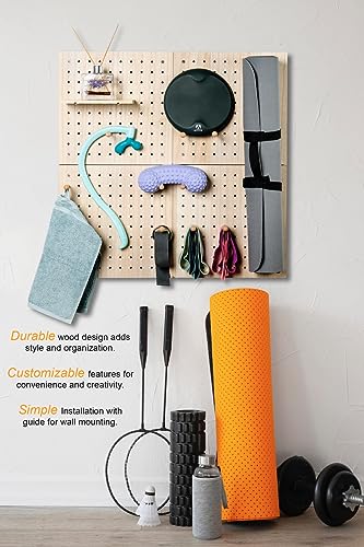 IneVibe Pegboards for Wall Display - 4 Piece Wooden Organizer & Holder for Craft Accessories, Nerf Guns, Jewelry, Games for Use in Kitchen, Garage, Office - 16 Pegs, 2 Shelves & Bag, 26x26 (Natural)