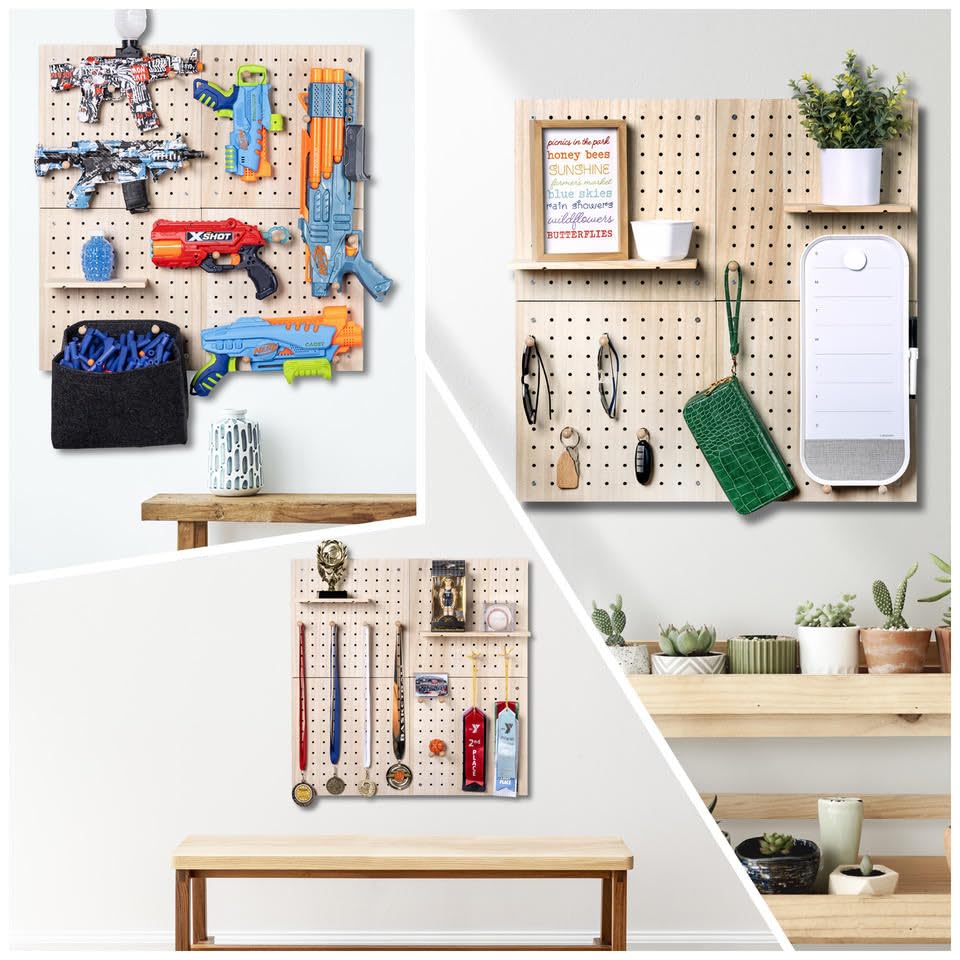 IneVibe Pegboards for Wall Display - 4 Piece Wooden Organizer & Holder for Craft Accessories, Nerf Guns, Jewelry, Games for Use in Kitchen, Garage, Office - 16 Pegs, 2 Shelves & Bag, 26x26 (Natural)