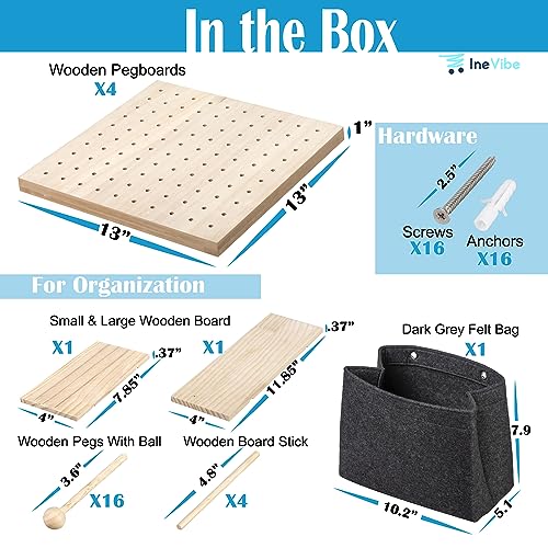 IneVibe Pegboards for Wall Display - 4 Piece Wooden Organizer & Holder for Craft Accessories, Nerf Guns, Jewelry, Games for Use in Kitchen, Garage, Office - 16 Pegs, 2 Shelves & Bag, 26x26 (Natural)