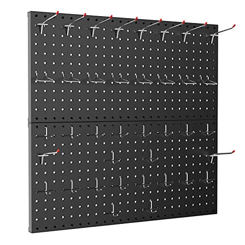 TORACK Metal Pegboard Wall Organizer 24" x 24" or 12" x 48", 70PCS Pegboard System for Garage Pegboard Organizer Kit with Pegboard Hooks for Workbench, Shop, Shed(Black)