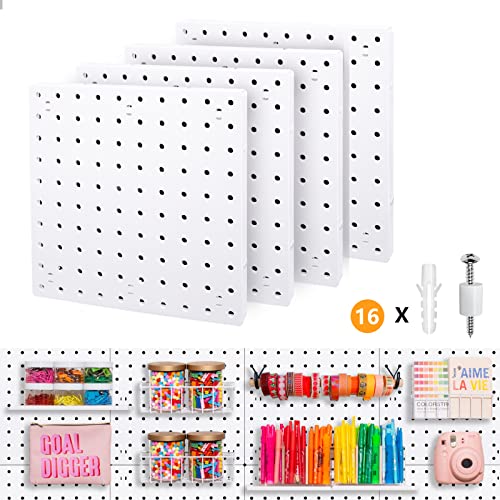 TATU 4Pcs Pegboard, Pegboard Wall Organizer Panels, Easy Installation, Pegboard Combination Kit for Garage Craft Workshop Office Kitchen Bathroom and Study Room (White)
