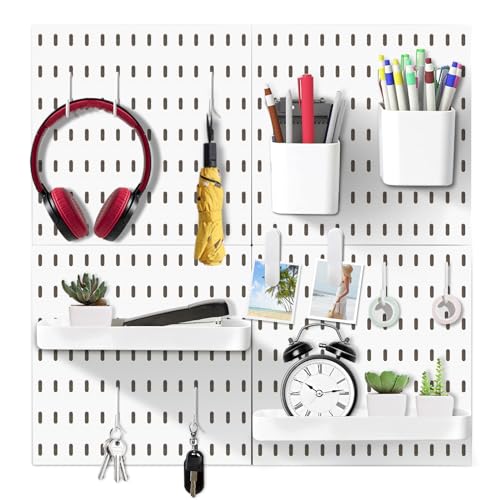KAYYUKI WH 17 Piece Pegboard Combination kit, 4 Peg Board and 13 Accessories Modular Hanging for Wall Organizer Crafts Organization, Ornaments Display, Nursery Storage, White peg Board，22''x22''