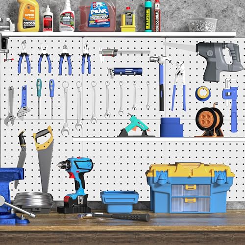 DEMEDO Peg Board, 4Pcs Metal Pegboard Wall Organizer with Heavy Duty, Pegboard, Peg Boards for Walls White Pegboard Panels for Craft Room Garage Workshop Kicthen Tool Organization