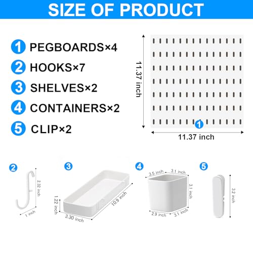 KAYYUKI WH 17 Piece Pegboard Combination kit, 4 Peg Board and 13 Accessories Modular Hanging for Wall Organizer Crafts Organization, Ornaments Display, Nursery Storage, White peg Board，22''x22''