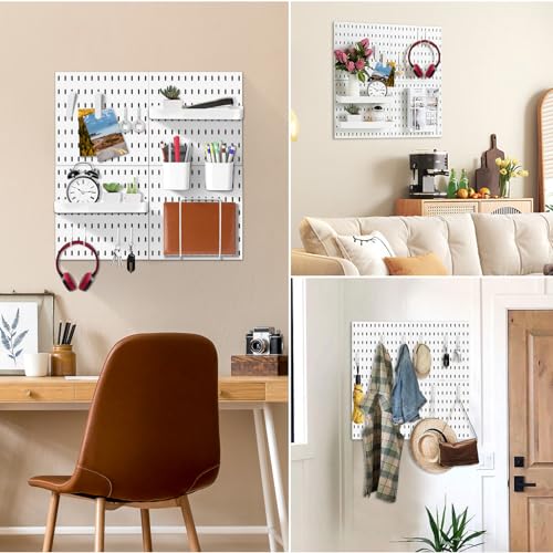KAYYUKI WH 17 Piece Pegboard Combination kit, 4 Peg Board and 13 Accessories Modular Hanging for Wall Organizer Crafts Organization, Ornaments Display, Nursery Storage, White peg Board，22''x22''
