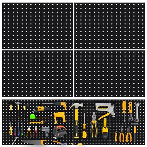TheClouds 4 Pcs Black Metal Pegboard Panels,(16 * 12 inch) Garage Peg Board Tool Organizer,Home Pegboard Wall Organizer Shelves and Pegboard Bins for Kitchen Living Room Bathroom Office