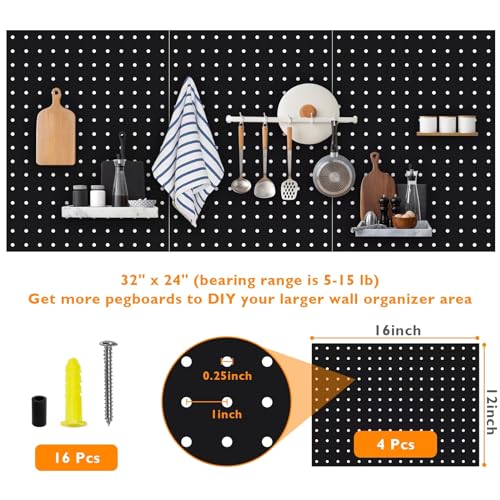 TheClouds 4 Pcs Black Metal Pegboard Panels,(16 * 12 inch) Garage Peg Board Tool Organizer,Home Pegboard Wall Organizer Shelves and Pegboard Bins for Kitchen Living Room Bathroom Office