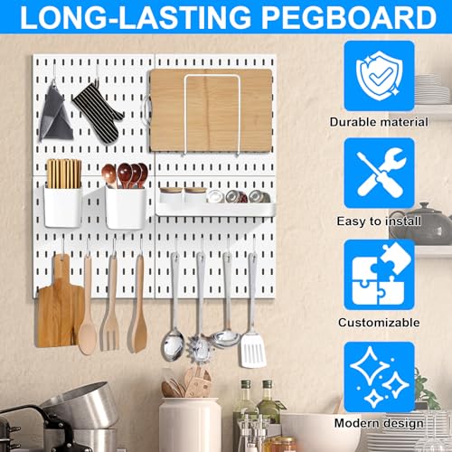 KAYYUKI WH 17 Piece Pegboard Combination kit, 4 Peg Board and 13 Accessories Modular Hanging for Wall Organizer Crafts Organization, Ornaments Display, Nursery Storage, White peg Board，22''x22''