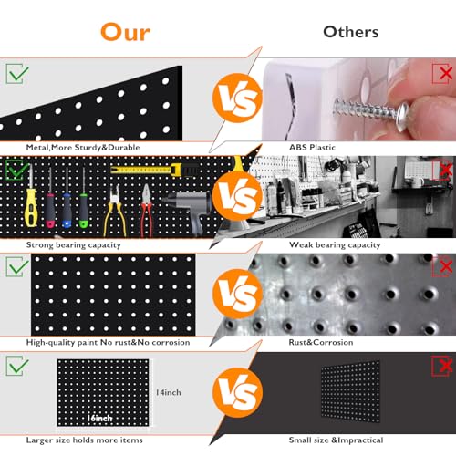 TheClouds 4 Pcs Black Metal Pegboard Panels,(16 * 12 inch) Garage Peg Board Tool Organizer,Home Pegboard Wall Organizer Shelves and Pegboard Bins for Kitchen Living Room Bathroom Office