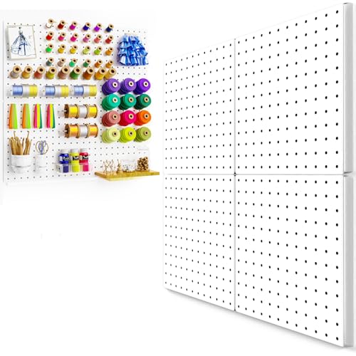 Peg Board, 4PCS Metal Pegboard Wall Organizer. Heavy Duty Pegboard, Peg Boards, Pegboard for Walls, White Pegboard for Garage Craft Room Workbench Office Kitchen Tool Organization, 24 * 24