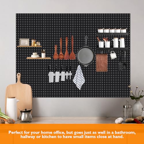 TheClouds 4 Pcs Black Metal Pegboard Panels,(16 * 12 inch) Garage Peg Board Tool Organizer,Home Pegboard Wall Organizer Shelves and Pegboard Bins for Kitchen Living Room Bathroom Office