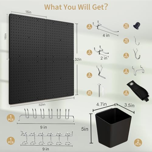 FZK Pegboard 32"*32",Black Pegboard 4pcs and 46 Peg Board Hooks with Strong Ribs Back Holds up for 200Ib,Peg Board,Pegboard Wall Organizer,Peg Boards for Walls for Garage Workshop Office