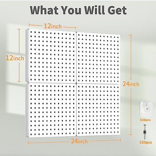 Peg Board, 4PCS Metal Pegboard Wall Organizer. Heavy Duty Pegboard, Peg Boards, Pegboard for Walls, White Pegboard for Garage Craft Room Workbench Office Kitchen Tool Organization, 24 * 24
