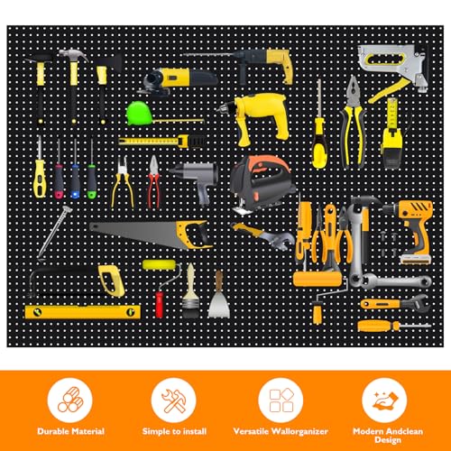 TheClouds 4 Pcs Black Metal Pegboard Panels,(16 * 12 inch) Garage Peg Board Tool Organizer,Home Pegboard Wall Organizer Shelves and Pegboard Bins for Kitchen Living Room Bathroom Office