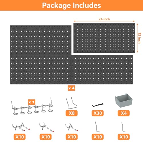 WALMANN Metal Pegboard Kit with Accessories for Wall Garage Tools Pegboard Storage System for Garage, Workbench, Shed Modular Peg Board Organizer Board with Hooks(Black)