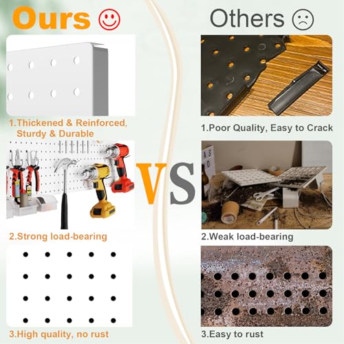 Peg Board, 4PCS Metal Pegboard Wall Organizer. Heavy Duty Pegboard, Peg Boards, Pegboard for Walls, White Pegboard for Garage Craft Room Workbench Office Kitchen Tool Organization, 24 * 24