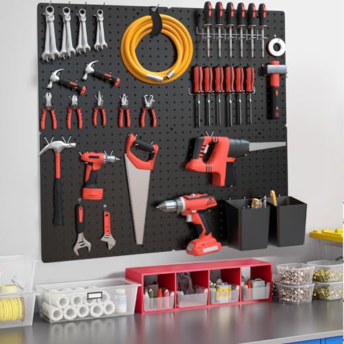 FZK Pegboard 32"*32",Black Pegboard 4pcs and 46 Peg Board Hooks with Strong Ribs Back Holds up for 200Ib,Peg Board,Pegboard Wall Organizer,Peg Boards for Walls for Garage Workshop Office