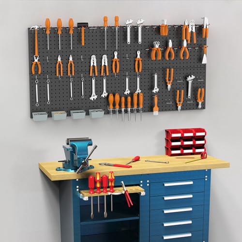 WALMANN Metal Pegboard Kit with Accessories for Wall Garage Tools Pegboard Storage System for Garage, Workbench, Shed Modular Peg Board Organizer Board with Hooks(Black)