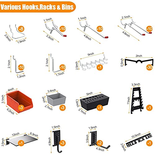 TORACK 109Pcs Wall Organizer Utility Storage Kit with Toolboard Hooks & Accessories, 4 ft. Metal Pegboard for Garage with Wall Mounted Bins & Racks