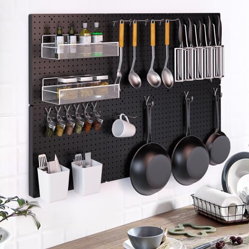 FZK Pegboard 32"*32",Black Pegboard 4pcs and 46 Peg Board Hooks with Strong Ribs Back Holds up for 200Ib,Peg Board,Pegboard Wall Organizer,Peg Boards for Walls for Garage Workshop Office