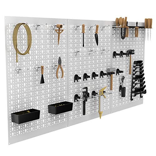 TORACK 3Pcs Metal Pegboard Panels for Wall Garage Utility Tools Pegboard Storage System for Workbench, Shop, Shed Modular Peg Board Organizer Board Kit(Pack of 3, Grey)