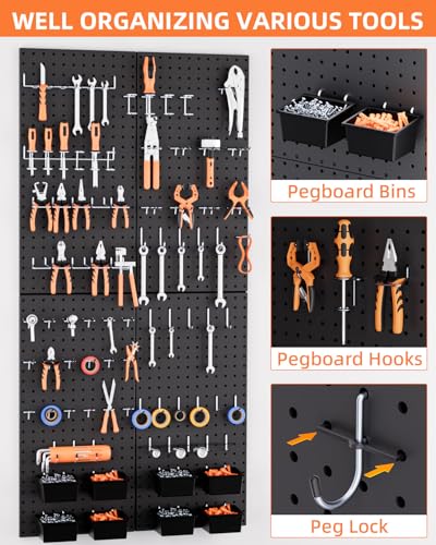 INCLY 158PCS Metal Pegboard Wall Organizer, 48x24 Inch Black Pegboard Panels Tool Organizer Kit with Accessories Hooks and Bins, Peg Board Utility Tool Storage for Garage Workbench Shed