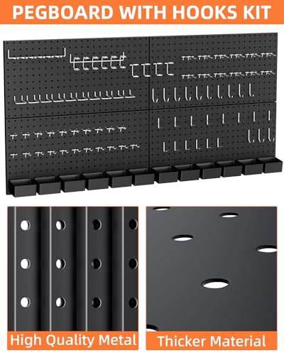 INCLY 158PCS Metal Pegboard Wall Organizer, 48x24 Inch Black Pegboard Panels Tool Organizer Kit with Accessories Hooks and Bins, Peg Board Utility Tool Storage for Garage Workbench Shed
